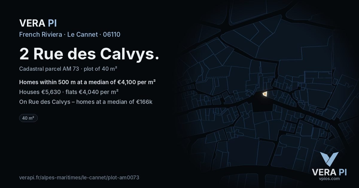 2 Rue des Calvys, Le Cannet at night – the plot lit, the parcels around coloured by the prices near them