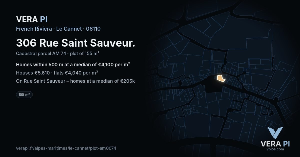 306 Rue Saint Sauveur, Le Cannet at night – the plot lit, the parcels around coloured by the prices near them