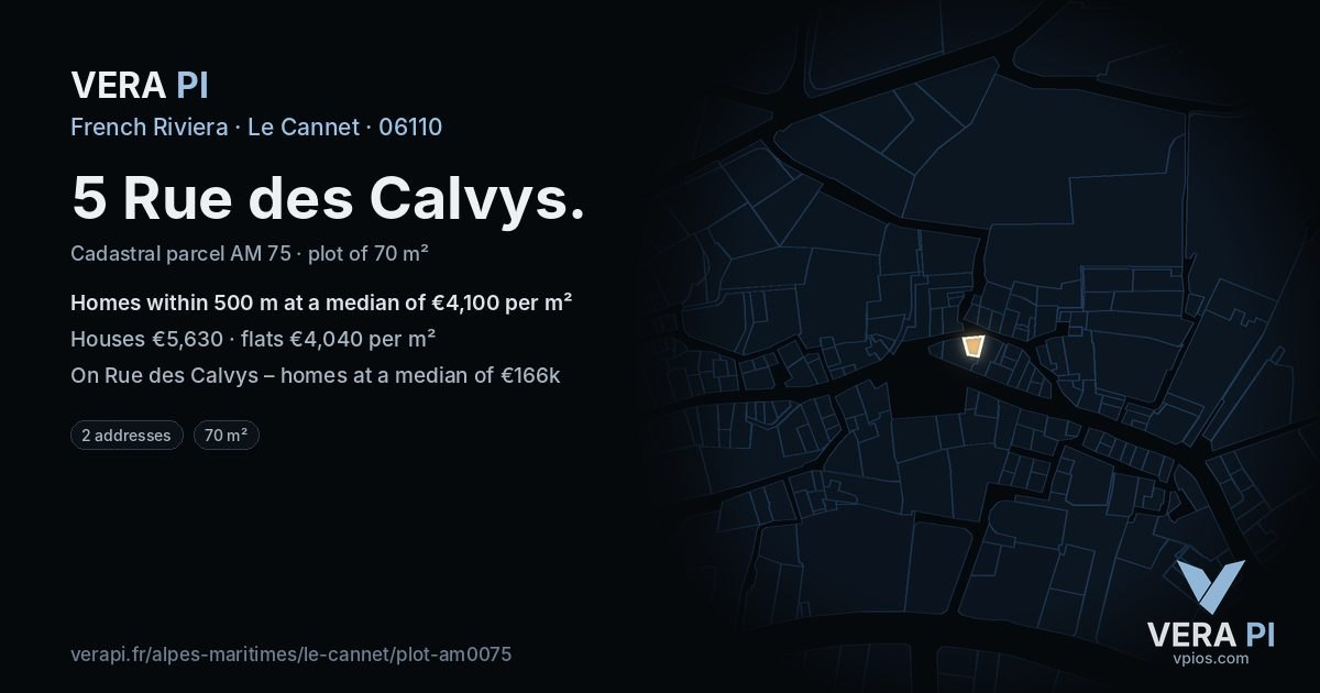 5 Rue des Calvys, Le Cannet at night – the plot lit, the parcels around coloured by the prices near them