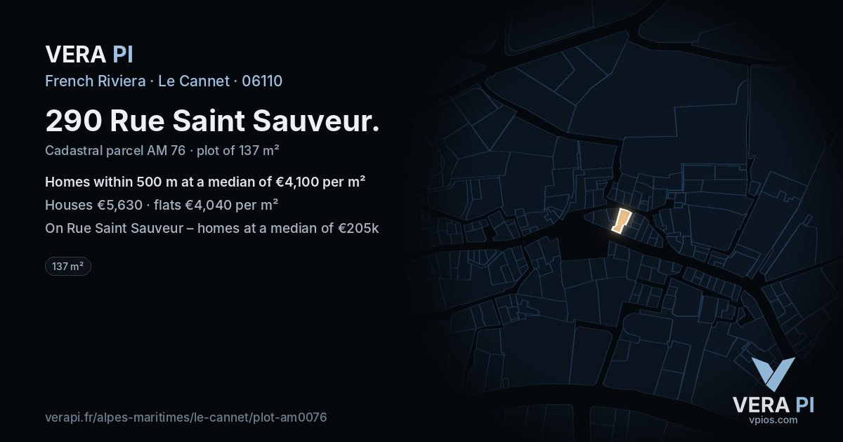 290 Rue Saint Sauveur, Le Cannet at night – the plot lit, the parcels around coloured by the prices near them