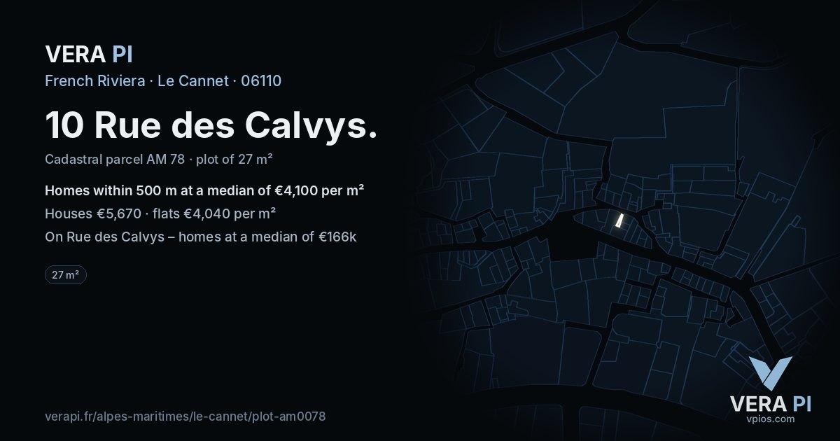 10 Rue des Calvys, Le Cannet at night – the plot lit, the parcels around coloured by the prices near them