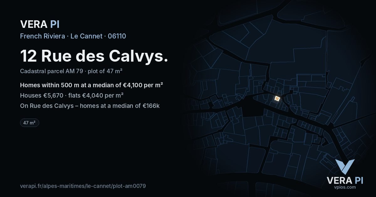 12 Rue des Calvys, Le Cannet at night – the plot lit, the parcels around coloured by the prices near them