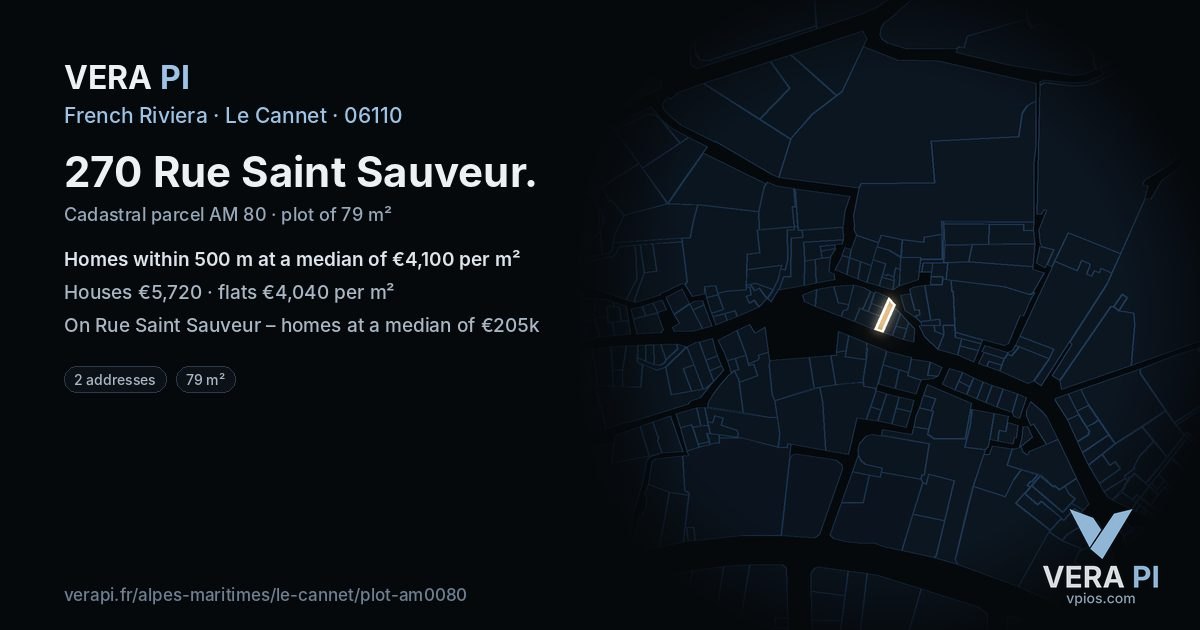 270 Rue Saint Sauveur, Le Cannet at night – the plot lit, the parcels around coloured by the prices near them
