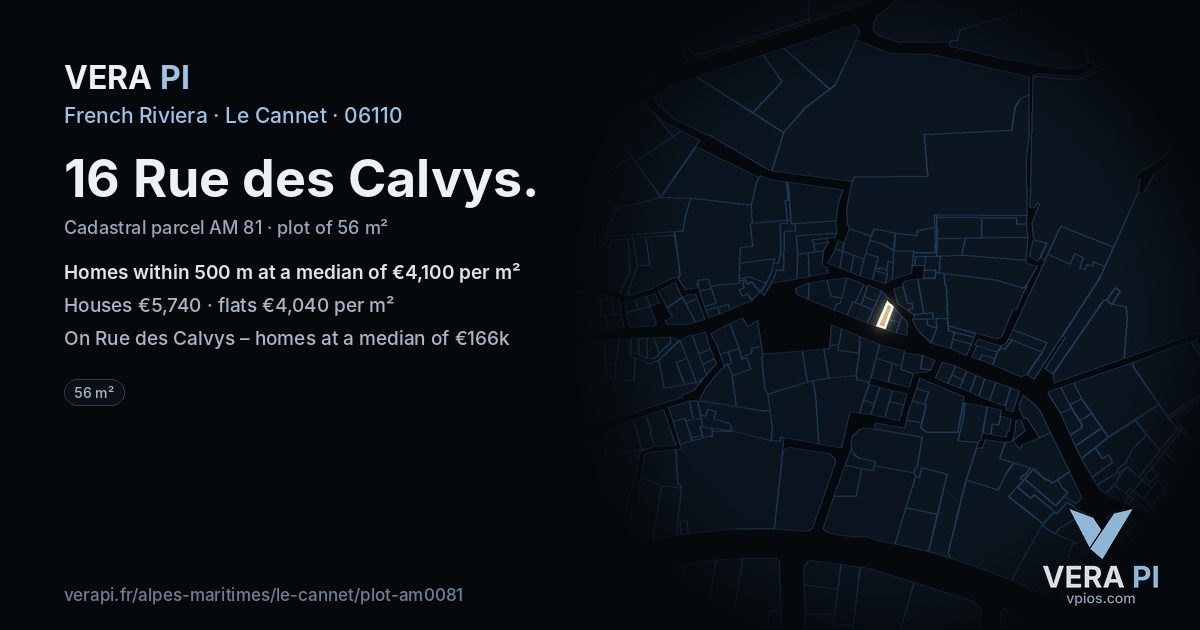 16 Rue des Calvys, Le Cannet at night – the plot lit, the parcels around coloured by the prices near them