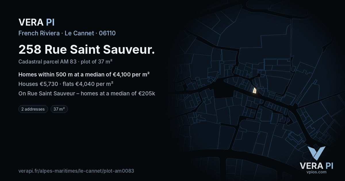 258 Rue Saint Sauveur, Le Cannet at night – the plot lit, the parcels around coloured by the prices near them