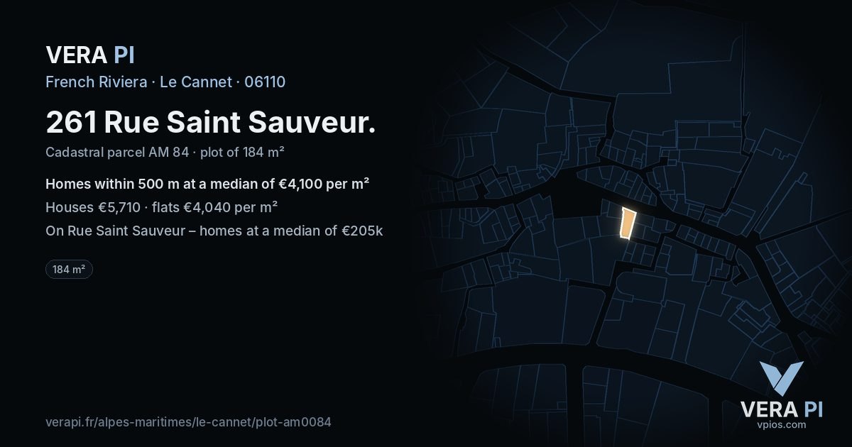261 Rue Saint Sauveur, Le Cannet at night – the plot lit, the parcels around coloured by the prices near them