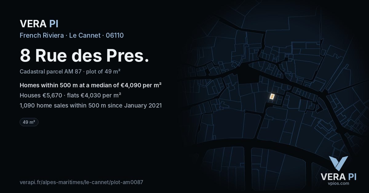 8 Rue des Pres, Le Cannet at night – the plot lit, the parcels around coloured by the prices near them
