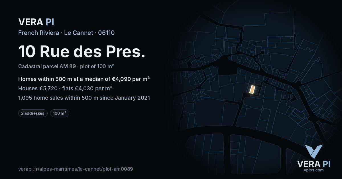 10 Rue des Pres, Le Cannet at night – the plot lit, the parcels around coloured by the prices near them