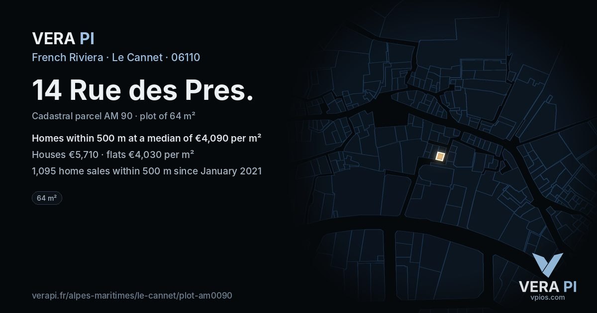 14 Rue des Pres, Le Cannet at night – the plot lit, the parcels around coloured by the prices near them