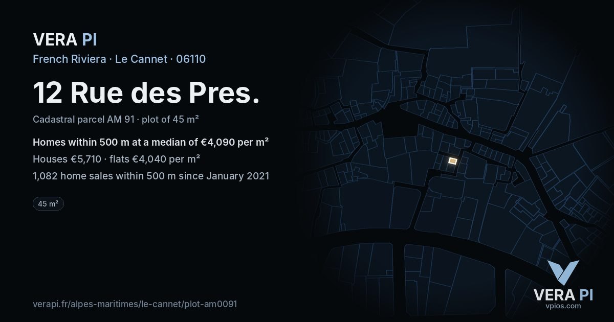12 Rue des Pres, Le Cannet at night – the plot lit, the parcels around coloured by the prices near them
