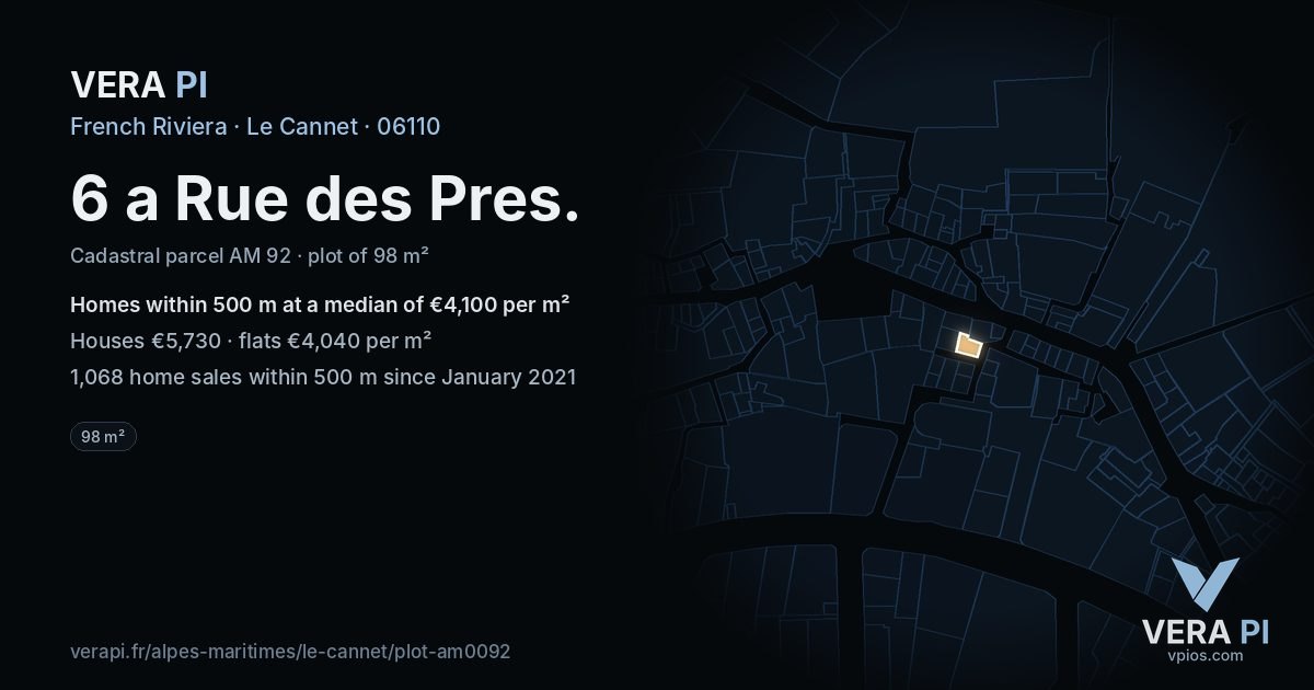 6 a Rue des Pres, Le Cannet at night – the plot lit, the parcels around coloured by the prices near them