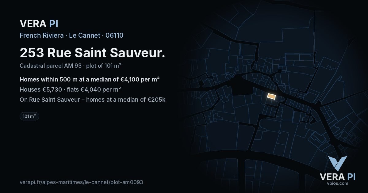 253 Rue Saint Sauveur, Le Cannet at night – the plot lit, the parcels around coloured by the prices near them