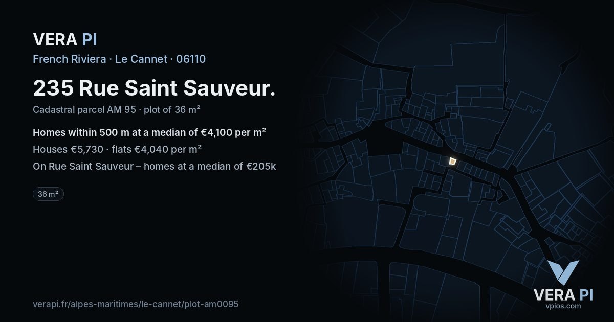 235 Rue Saint Sauveur, Le Cannet at night – the plot lit, the parcels around coloured by the prices near them