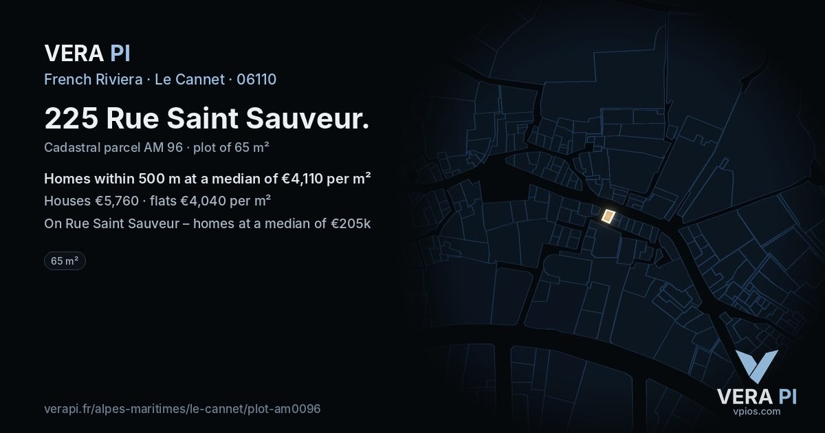 225 Rue Saint Sauveur, Le Cannet at night – the plot lit, the parcels around coloured by the prices near them