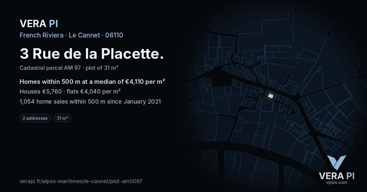 3 Rue de la Placette, Le Cannet at night – the plot lit, the parcels around coloured by the prices near them