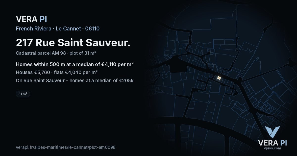 217 Rue Saint Sauveur, Le Cannet at night – the plot lit, the parcels around coloured by the prices near them