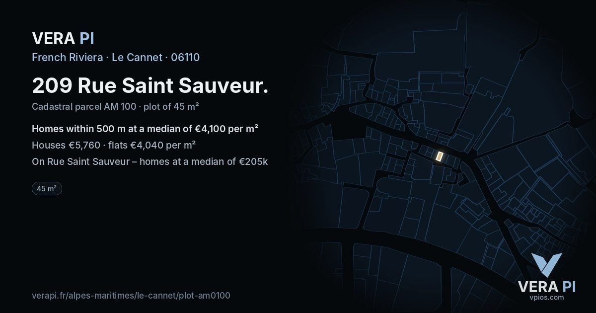 209 Rue Saint Sauveur, Le Cannet at night – the plot lit, the parcels around coloured by the prices near them
