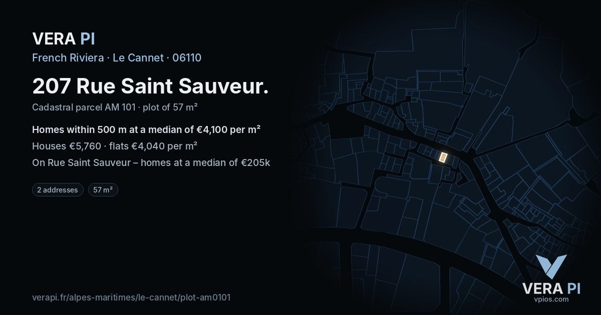207 Rue Saint Sauveur, Le Cannet at night – the plot lit, the parcels around coloured by the prices near them