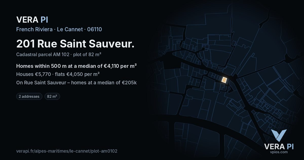 201 Rue Saint Sauveur, Le Cannet at night – the plot lit, the parcels around coloured by the prices near them