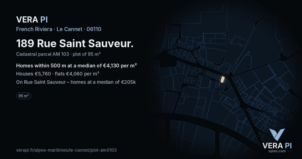 189 Rue Saint Sauveur, Le Cannet at night – the plot lit, the parcels around coloured by the prices near them