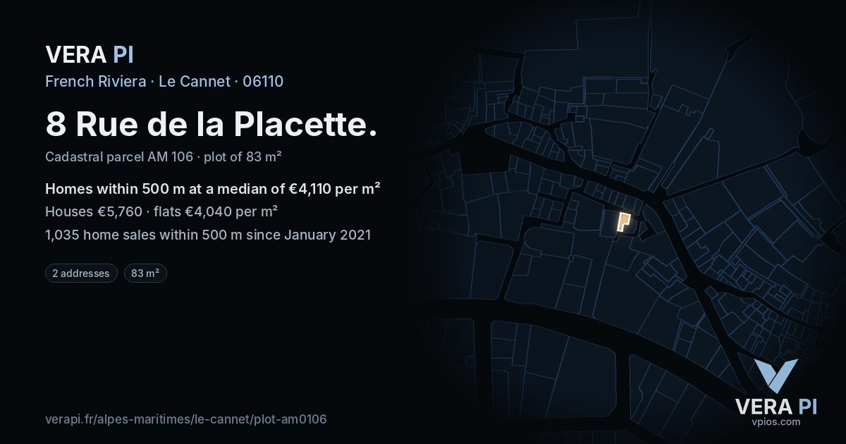 8 Rue de la Placette, Le Cannet at night – the plot lit, the parcels around coloured by the prices near them