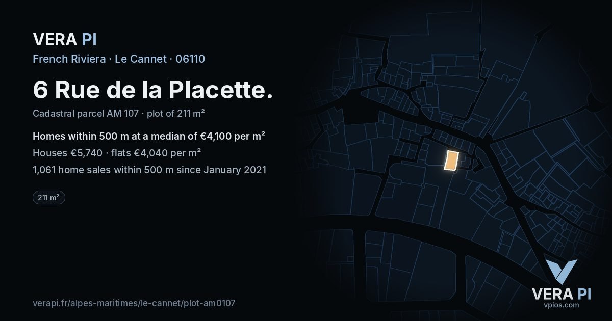 6 Rue de la Placette, Le Cannet at night – the plot lit, the parcels around coloured by the prices near them