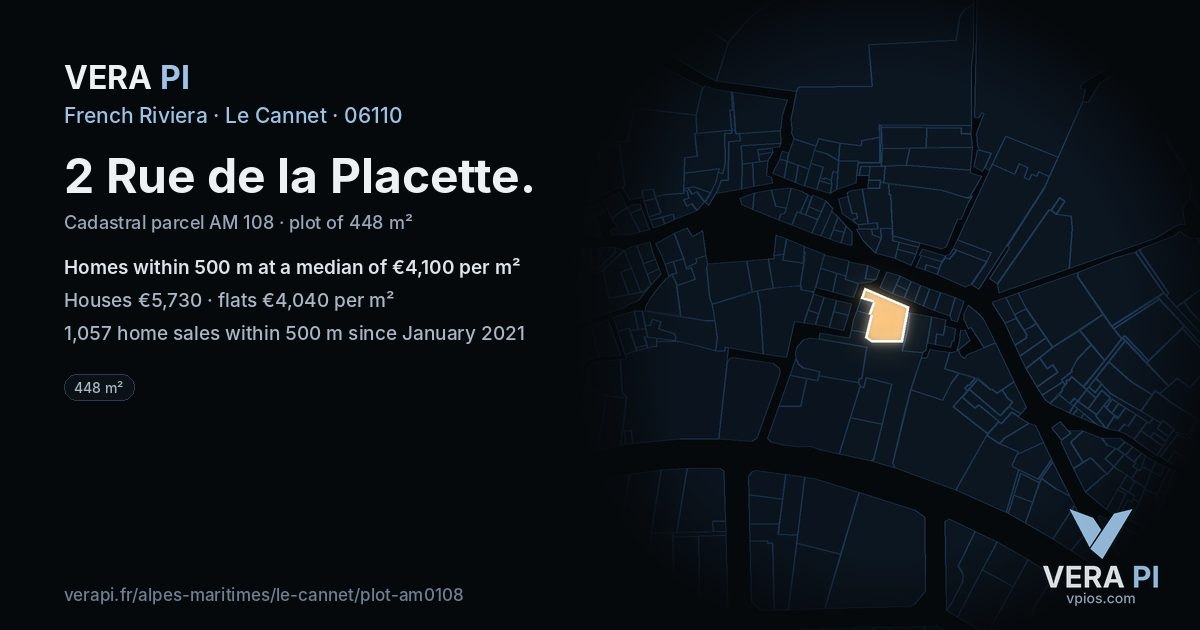 2 Rue de la Placette, Le Cannet at night – the plot lit, the parcels around coloured by the prices near them
