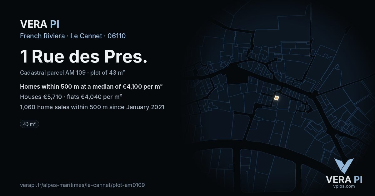 1 Rue des Pres, Le Cannet at night – the plot lit, the parcels around coloured by the prices near them