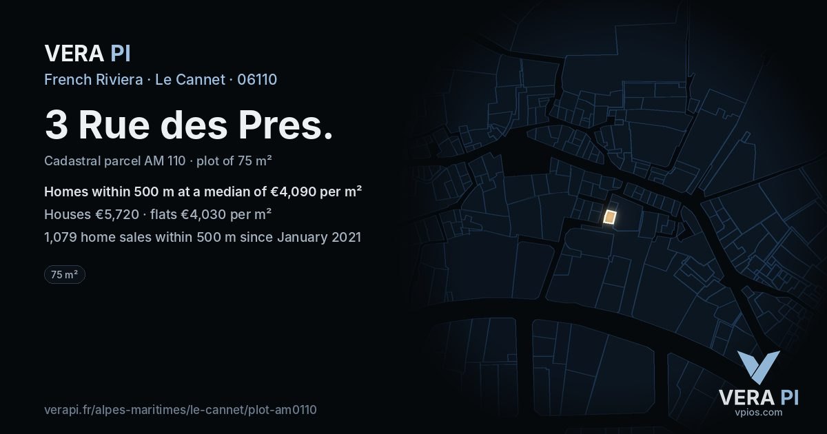3 Rue des Pres, Le Cannet at night – the plot lit, the parcels around coloured by the prices near them