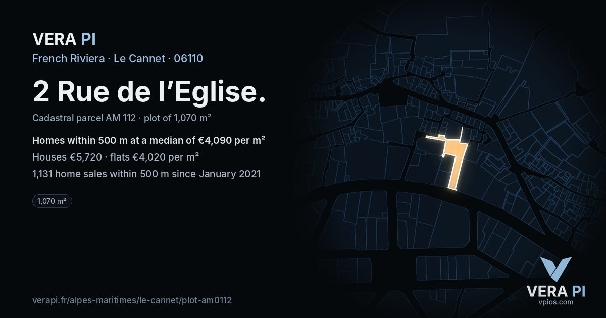 2 Rue de l’Eglise, Le Cannet at night – the plot lit, the parcels around coloured by the prices near them