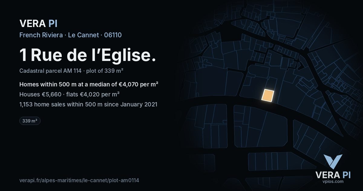 1 Rue de l’Eglise, Le Cannet at night – the plot lit, the parcels around coloured by the prices near them