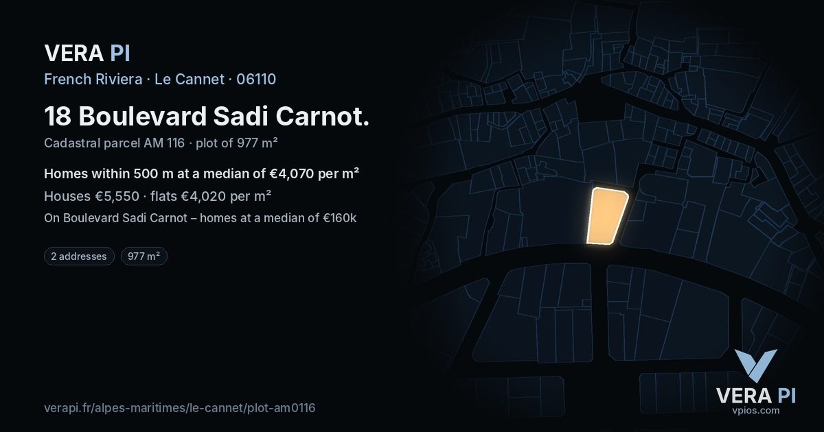 18 Boulevard Sadi Carnot, Le Cannet at night – the plot lit, the parcels around coloured by the prices near them