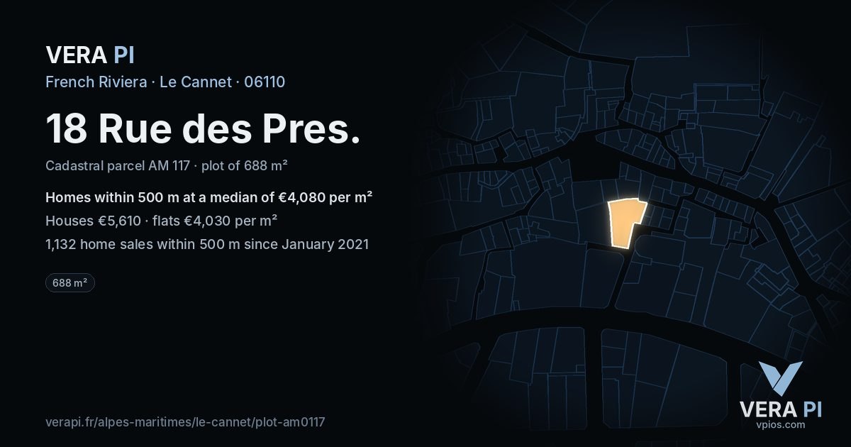 18 Rue des Pres, Le Cannet at night – the plot lit, the parcels around coloured by the prices near them