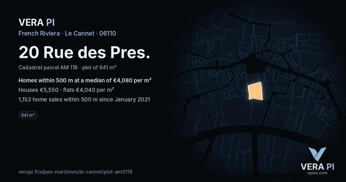 20 Rue des Pres, Le Cannet at night – the plot lit, the parcels around coloured by the prices near them