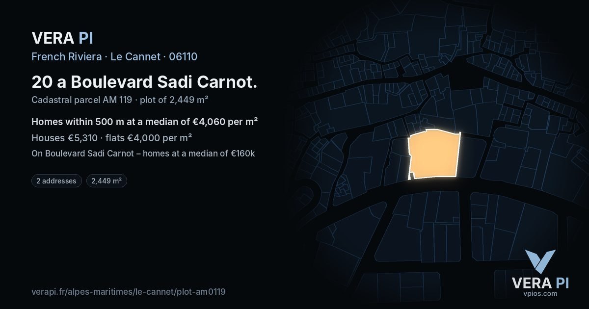 20 a Boulevard Sadi Carnot, Le Cannet at night – the plot lit, the parcels around coloured by the prices near them
