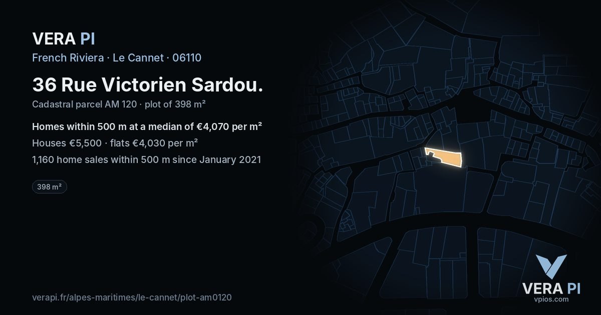 36 Rue Victorien Sardou, Le Cannet at night – the plot lit, the parcels around coloured by the prices near them