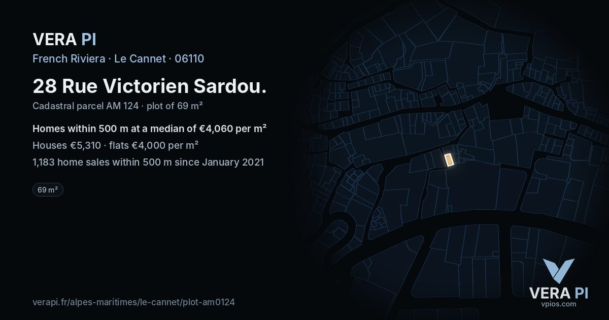 28 Rue Victorien Sardou, Le Cannet at night – the plot lit, the parcels around coloured by the prices near them