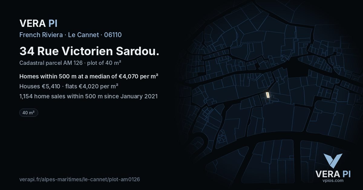 34 Rue Victorien Sardou, Le Cannet at night – the plot lit, the parcels around coloured by the prices near them