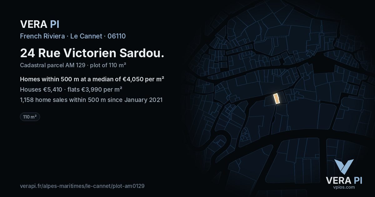 24 Rue Victorien Sardou, Le Cannet at night – the plot lit, the parcels around coloured by the prices near them