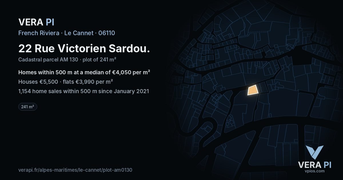 22 Rue Victorien Sardou, Le Cannet at night – the plot lit, the parcels around coloured by the prices near them