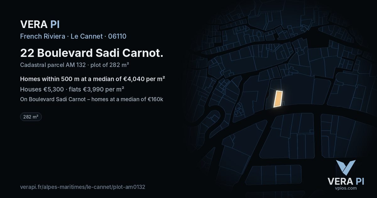 22 Boulevard Sadi Carnot, Le Cannet at night – the plot lit, the parcels around coloured by the prices near them