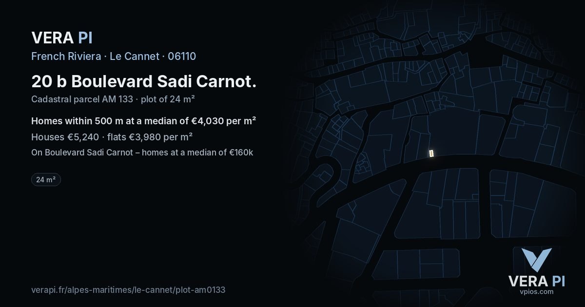 20 b Boulevard Sadi Carnot, Le Cannet at night – the plot lit, the parcels around coloured by the prices near them