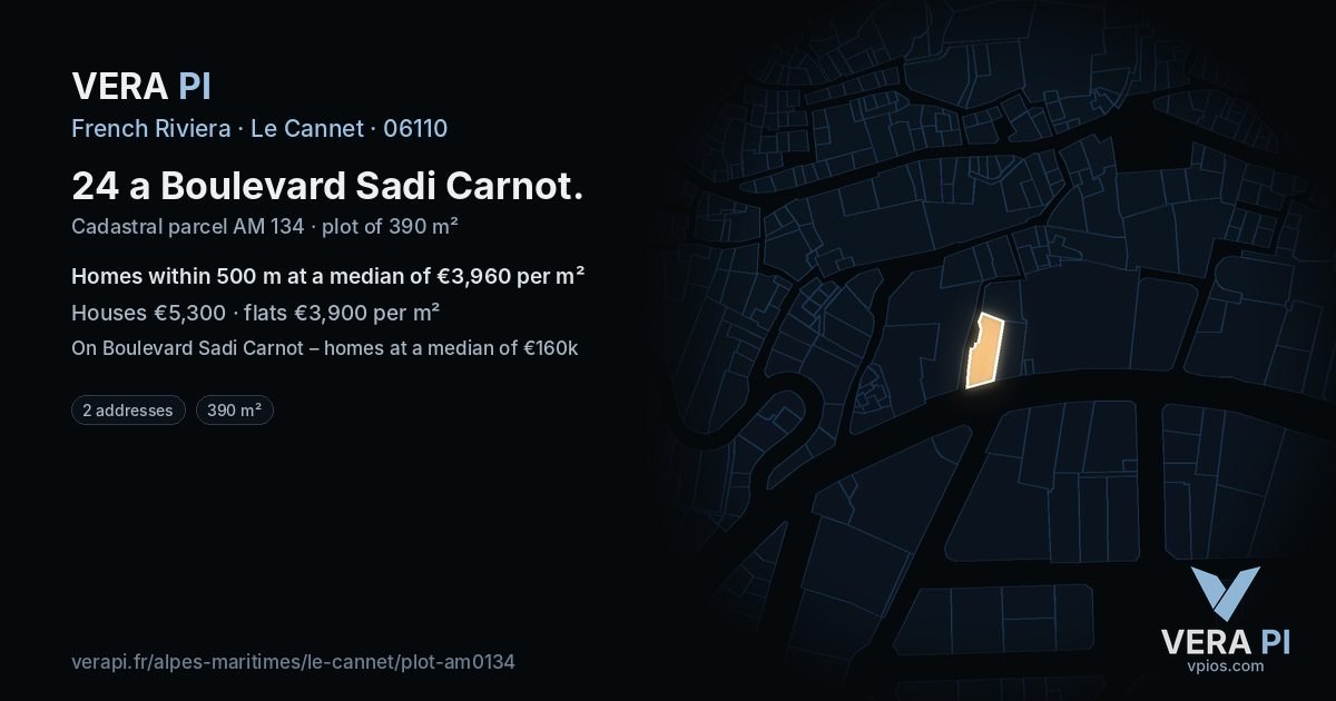 24 a Boulevard Sadi Carnot, Le Cannet at night – the plot lit, the parcels around coloured by the prices near them