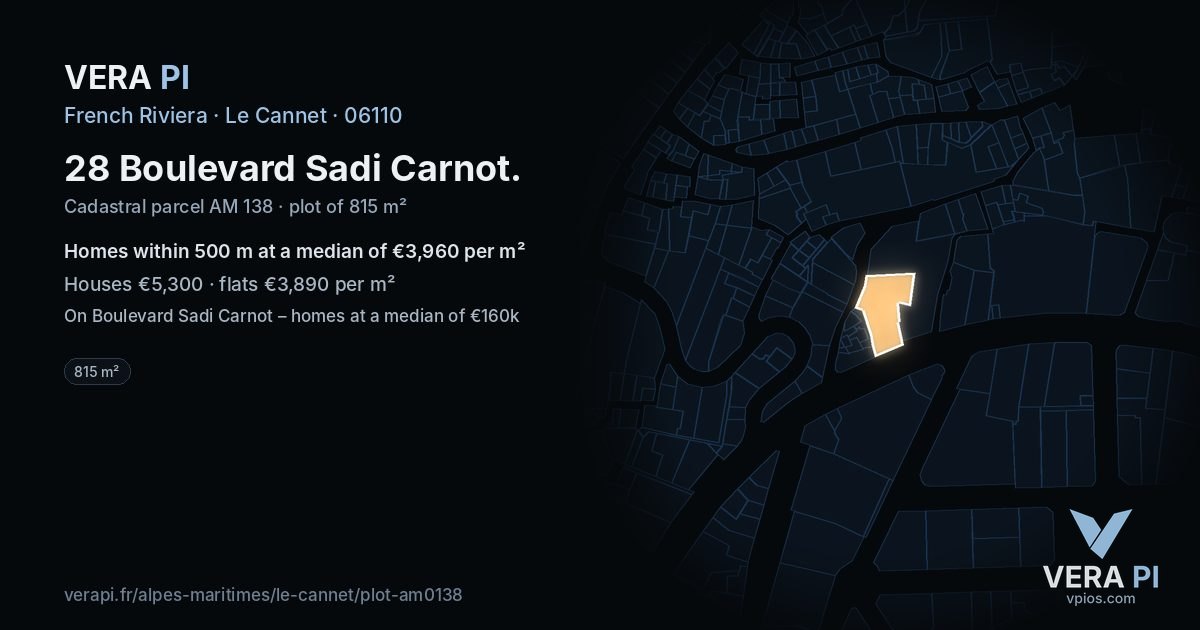 28 Boulevard Sadi Carnot, Le Cannet at night – the plot lit, the parcels around coloured by the prices near them