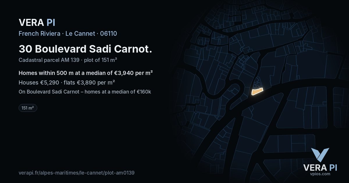 30 Boulevard Sadi Carnot, Le Cannet at night – the plot lit, the parcels around coloured by the prices near them