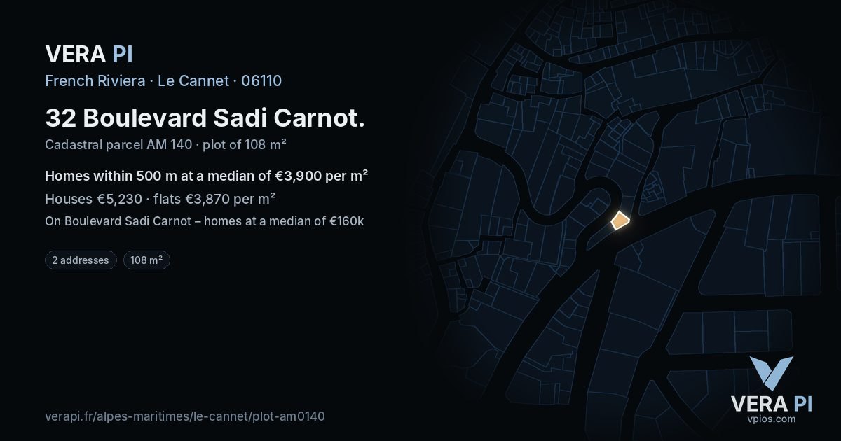 32 Boulevard Sadi Carnot, Le Cannet at night – the plot lit, the parcels around coloured by the prices near them