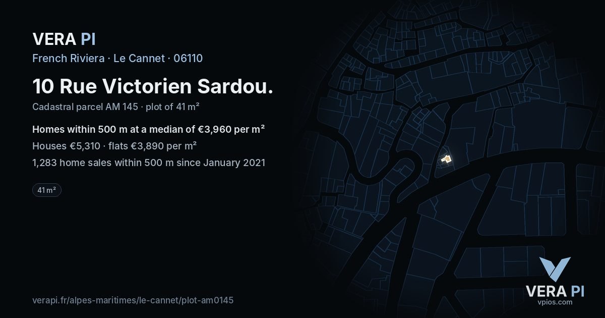 10 Rue Victorien Sardou, Le Cannet at night – the plot lit, the parcels around coloured by the prices near them