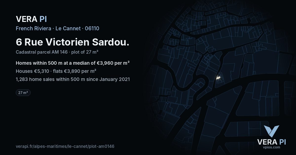 6 Rue Victorien Sardou, Le Cannet at night – the plot lit, the parcels around coloured by the prices near them