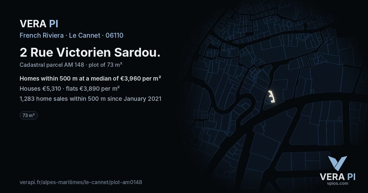 2 Rue Victorien Sardou, Le Cannet at night – the plot lit, the parcels around coloured by the prices near them