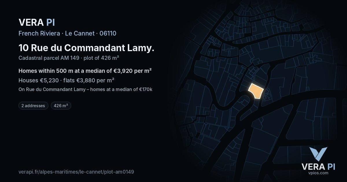 10 Rue du Commandant Lamy, Le Cannet at night – the plot lit, the parcels around coloured by the prices near them
